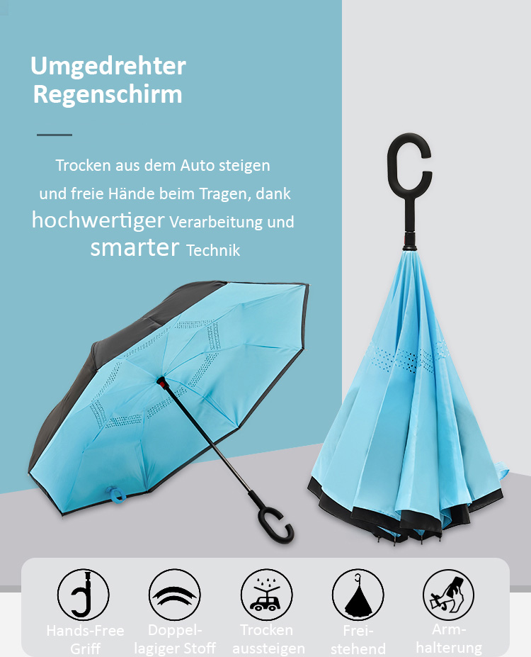 Umgedrehter Regenschirm C-Griff verschiedene Farben