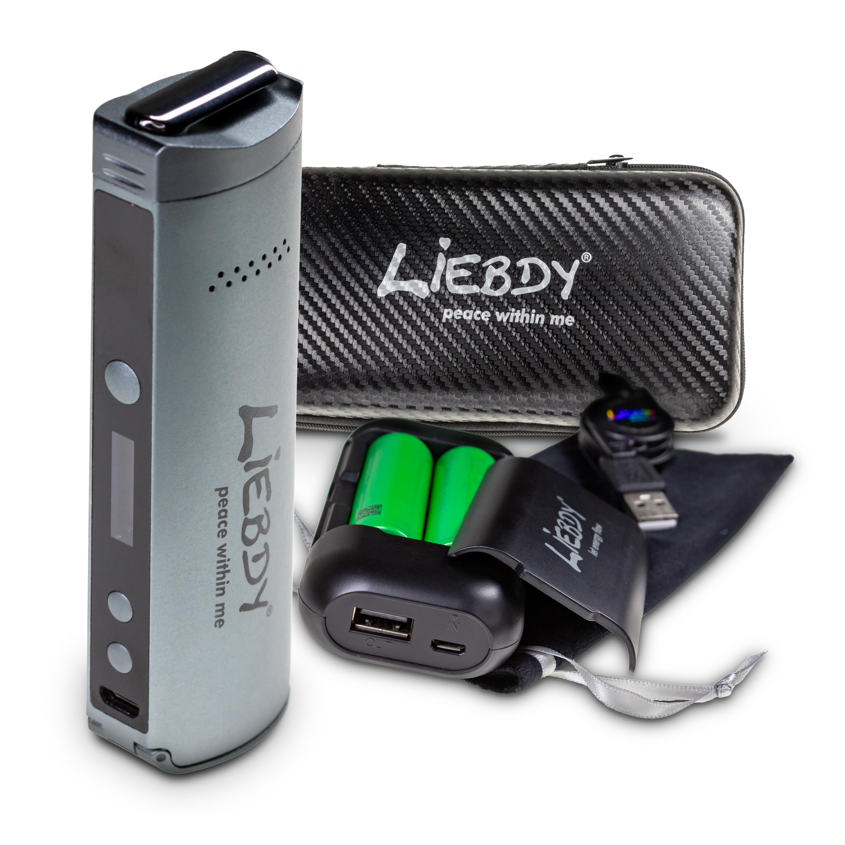 Liebdy Premium Vaporizer Set - Für Kräuter und Konzentrate - Isolierter Luftstrom und Präzise Temperaturregelung - inkl. Powerbank, Reinigungsset, 3x 3.500mAh Akku, Transport Case in Karbon Design